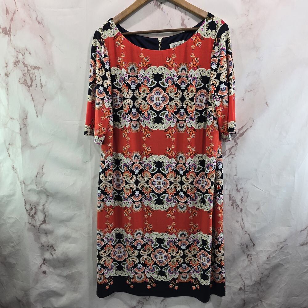 Eliza J Dress Women 18 2X Large Orage Pattern Zip Back Shift Elbow Sleeve Knee